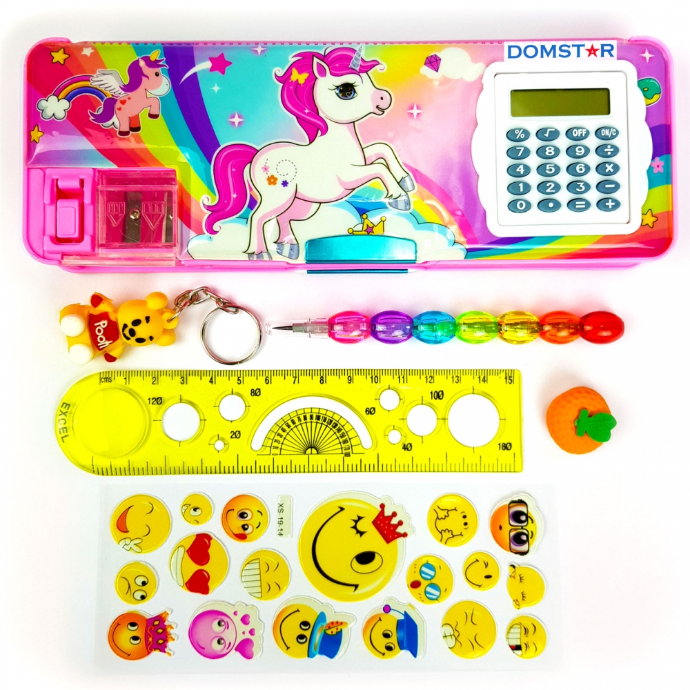 Buy DOMSTAR Unicorn Magnetic Pencil Box with Built-in Calculator - COMBO  set of Moti Pencil, Key Chain, Geometry Scale, Fruit Eraser and Smiley  Sticker online @  - School & Office Supplies