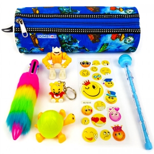 Buy DOMSTAR Round Pouch Combo set of 6in1 Fur Pen, Stacking Pencil, Robot  Eraser, Key Chain, Tortoise Sharpener and Smiley Sticker online @   - School & Office Supplies Online India